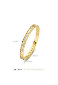 Ringe aus 14 Karat massivem Gelbgold, geschmückt mit einer Reihe von Zirkoniasteinen. Innendurchmesser Maße sind 2,0 mm und 1,0 mm. Glatte Textur.