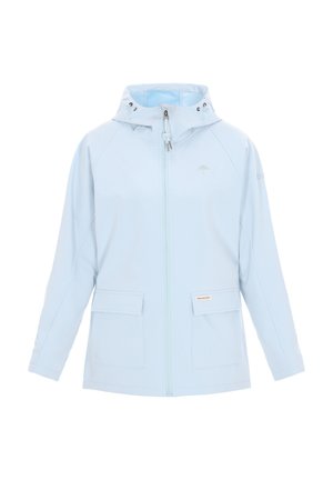 Világoskék esőkabát kapucnival, teljes hosszúságú cipzárral, két első zsebbel és rugalmas mandzsettákkal; vízálló anyagból készült.