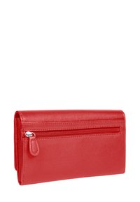 Red leather wallet, rectangular shape, smooth texture, features a zippered exterior pocket and a flat closure. No visible logos or patterns.