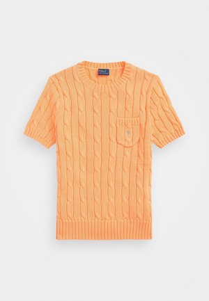 Kortærmet orange kabelstrikket sweater med rund halsudskæring og lille brystlomme, Polo Ralph Lauren mærke inde i kraven.
