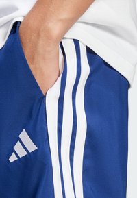 Blauwe sportshorts van gladde stof, met witte zijstrepen en een klein grijs logo op de onderkant van het linkerpanto.