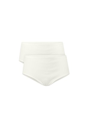 White cotton briefs with a smooth texture, featuring a simple design and a wide waistband. Two pairs displayed, side by side.