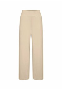 Beige brede broek met een hoge, elastische tailleband. Glad stof zonder patronen, met een losse, vloeiende pasvorm en rechte pijpen.