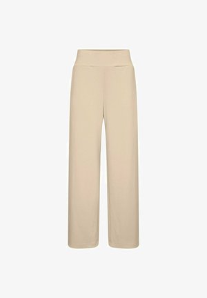 Beige brede broek met een hoge, elastische tailleband. Glad stof zonder patronen, met een losse, vloeiende pasvorm en rechte pijpen.