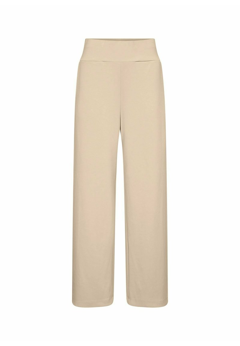 Beige brede broek met een hoge, elastische tailleband. Glad stof zonder patronen, met een losse, vloeiende pasvorm en rechte pijpen.