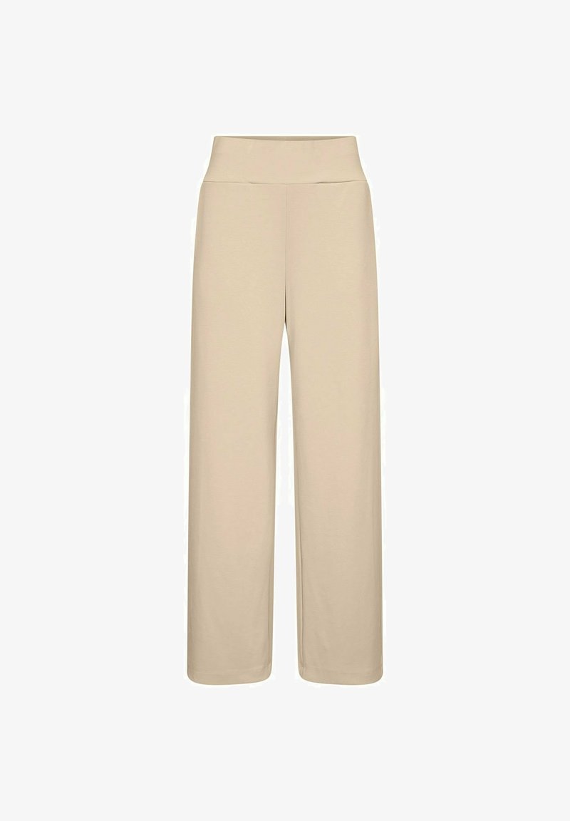 Beige brede broek met een hoge, elastische tailleband. Glad stof zonder patronen, met een losse, vloeiende pasvorm en rechte pijpen.