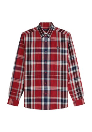 Rood geruit overhemd met lange mouwen, knoopsluiting aan de voorkant en kraag. Bevat blauwe en witte accenten met geborduurd logo op de linkerkant van de borst.