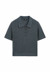 Polo a maniche corte in maglia blu scuro, con colletto, cinque bottoncini frontalmente e polsini e orlo a coste.
