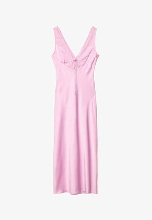 Vaaleanpunainen, hihaton maksimekko V-puolella, pitsireunalla ja etuosassa solmimisella yksityiskohdalla. Valmistettu sileästä, teksturoidusta kankaasta.