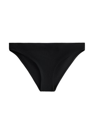 Zwarte bikini onderkant gemaakt van ribbelstof, met een klassieke snit en gematigde bedekking, en een gladde tailleband zonder extra versieringen.