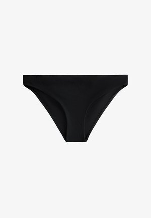 Schwarze Bikinihose aus ribbeldem Stoff, mit klassischem Schnitt, moderater Bedeckung und glattem Bund ohne zusätzliche Verzierungen.