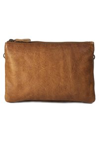 Borsetta in pelle marrone con una finitura opaca e testurizzata, dotata di una chiusura con zip superiore e bordi arrotondati. Adatta per riporre piccoli oggetti.