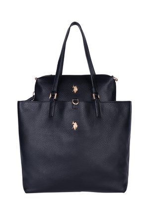 Schwarze strukturierte Ledertasche mit zwei oberen Griffen und einem kleineren passenden Beutel, beide mit einem goldenen Polo-Spieler-Logo.