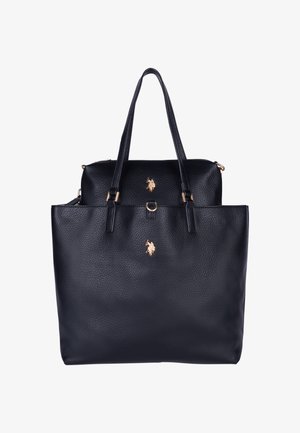 Schwarze strukturierte Ledertasche mit zwei oberen Griffen und einem kleineren passenden Beutel, beide mit einem goldenen Polo-Spieler-Logo.