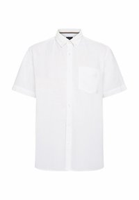 Camisa blanca de manga corta con botones, hecha de tela ligera. Presenta un collar clásico y un bolsillo en el lado izquierdo del pecho. Textura suave, sin patrones.