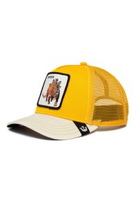 Gorra de camionero amarilla con parte trasera de malla, que presenta un parche frontal con una ilustración de un dinosaurio, visera beige y etiqueta de acento negra.