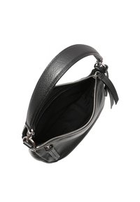 Black leather handbag with a textured surface, zip closure, and a single top handle. Interior is lined in black fabric.