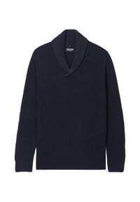 Maglione a coste di colore navy con colletto a scialle, tessuto testurizzato, maniche lunghe e orlo a coste. Nessun motivo visibile o dettagli in metallo.