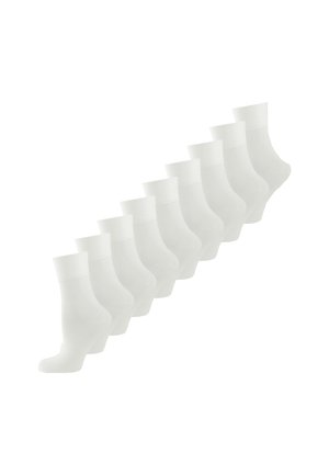 Weiße Knöchelsocken mit glatter Textur und geripptem Bündchen, in einer Reihe angeordnet, insgesamt zehn Paare.