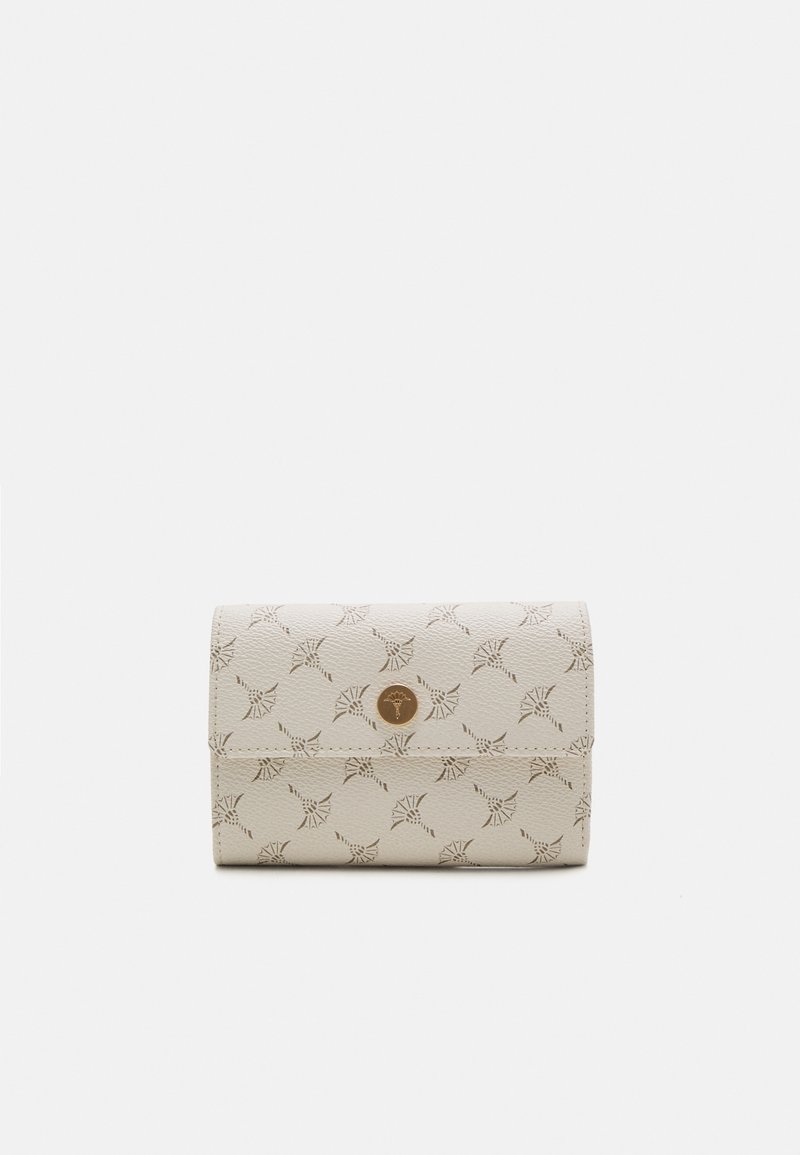 Wallet with a cream textured exterior featuring a gold plant pattern, secured by a circular gold snap closure. Compact rectangular shape.