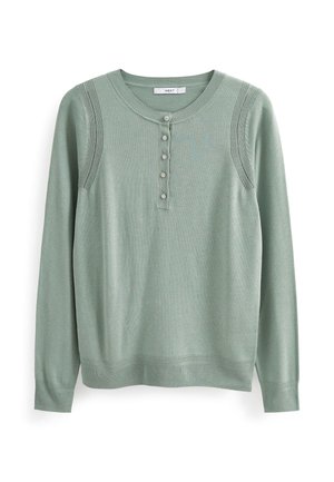 Pull vert clair à manches longues avec col rond, cinq petits boutons décoratifs sur le devant et détails en tricot texturé aux épaules.