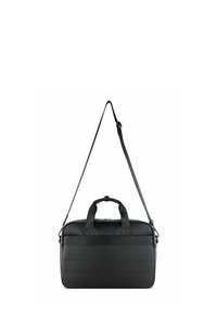 Schwarze Laptoptasche mit zwei oberen Griffen und einem verstellbaren Schultergurt. Texturierte Oberfläche mit Reißverschluss und flachem Boden für Stabilität.