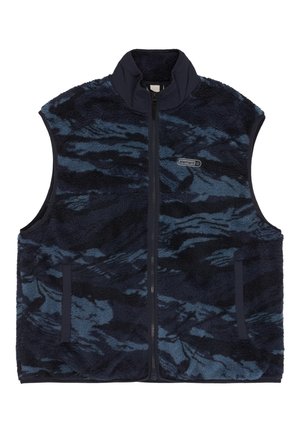 Veste sans manches en polaire bleu marine et noire avec fermeture éclair intégrale à l'avant, col montant, poches latérales, et un petit logo "element" sur la poitrine.