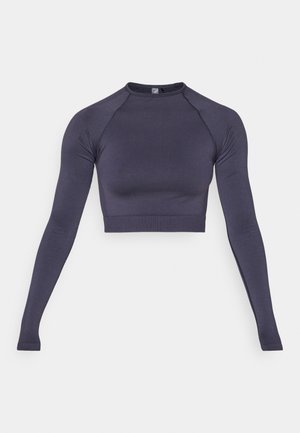 Long-sleeve, cropped top in dark gray fabric. Features a high neck, fitted design, and ribbed hem. Smooth texture with minimal seams.