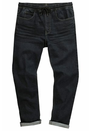 Donkere denim joggingbroeken met een elastische tailleband, trekkoord en twee voorzakken. Bevat gestikte details en omgeslagen hemden.