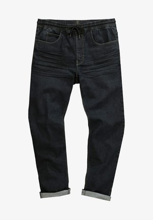 Dunkle Denim-Jogginghosen mit einem elastischen Bund, Kordelzug und zwei vorderen Taschen. Mit genähten Details und umgeschlagenen Säumen.