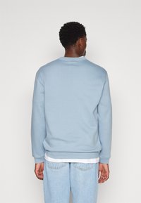 Felpa azzurra con collo rotondo e polsini a costine. Materiale in morbido cotone. Indossata sopra una camicia bianca e abbinata a jeans chiari.