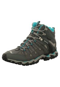 Grey hiking boot with mesh and leather upper, turquoise accents, rubber sole, and reinforced toe box. Features metal eyelets and laces.