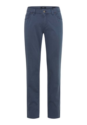 Herren-Hose mit geradem Bein in Dunkelblau, mit Gürtelschlaufen, Knopfverschluss und Fronttaschen.