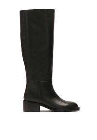 Tall black leather boot with a rounded toe and a low square heel. Features a smooth texture and unembellished design.