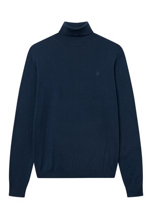 Pull encolure ras du cou bleu marine en tissu doux, avec des manches longues et un col côtelé. Détail de logo discret sur la poitrine.