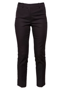 Zwarte slimfit broek met een gladde textuur, een platte voorkant, twee zijzakken en een tapere pasvorm. Geen zichtbare logo's of patronen.