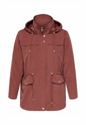 Rust-colored hooded jacket with front zipper, snap buttons, adjustable drawstrings at waist and hood, and two flap pockets with snap closures.