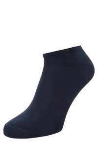 Kortsockor i mörk marinblå, tillverkade av mjukt, stretchigt tyg. Har en ribbad mudd och en rundad tådesign utan synliga mönster.