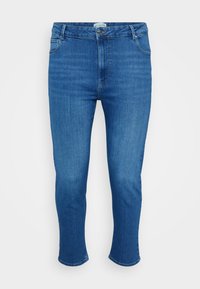 Jeans de ganga azuis com uma cintura média, pernas retas cropped, cinco bolsos e um acabamento limpo. O tecido tem uma textura suave.
