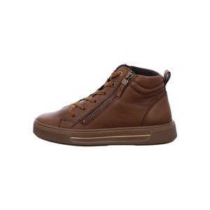 Brown leather high-top sneaker with side zipper, lace-up front, padded collar, and rubber sole with pull tab at heel.