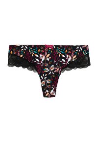 String en tissu noir à imprimé floral, présentant des feuilles colorées, une bordure en dentelle festonnée et un petit nœud rose au centre devant.