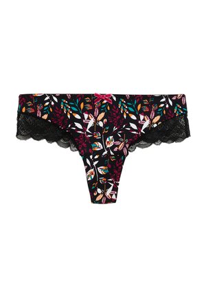 String en tissu noir à imprimé floral, présentant des feuilles colorées, une bordure en dentelle festonnée et un petit nœud rose au centre devant.