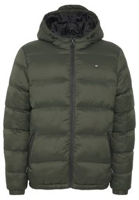 Olive green puffer jacket with a hood, zippered front, and two side pockets. Features a quilted design and a small logo on the chest.
