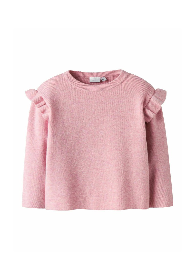 Weicher, rosa gestrickter Pullover mit langen Ärmeln, rundem Ausschnitt und Rüschendetails an den Schultern.