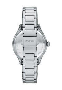 Montre en acier inoxydable argenté avec un bracelet à maillons, un boîtier rond et le nom de la marque gravé au dos. Fini simple et poli.