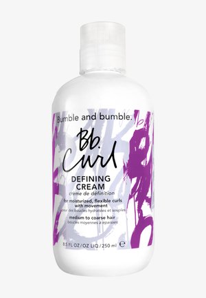 Valkoinen muovipullo kiharoita määrittelevää voidetta, 250 ml, jossa violetti ja harmaa abstrakti kuviointi, musta teksti ja kääntyvä korkki.