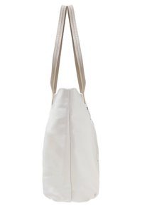 Biała skórzana torba typu tote o gładkiej fakturze, wyposażona w dwie wąskie uchwyty i boczną kieszeń na zamek. Prosty i prostokątny design.