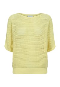 Pull tricot à manches courtes jaune clair avec un motif en maille ouverte et un ourlet côtelé, présenté sur un fond blanc.