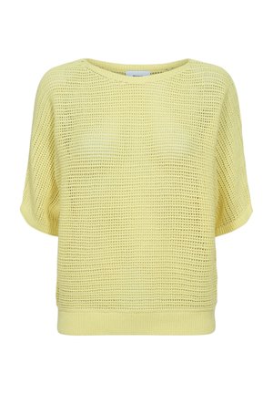 Lichtgele korte mouw gebreide trui met open geweven patroon en geribbelde zoom, getoond tegen een witte achtergrond.