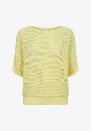 Lichtgele korte mouw gebreide trui met open geweven patroon en geribbelde zoom, getoond tegen een witte achtergrond.
